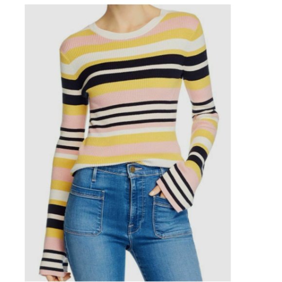 Frame Denim Sweaters - FRAME Baja Cashmere Cotton Striped Bell Sleeve Yellow & Pink Ribbed Sweater M